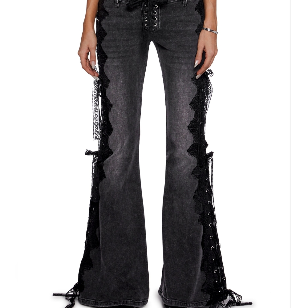 ~SOLD~Dolls Kill Current Mood Across The Crowd Gray Black Lace Up Flared Jeans S - Picture 9 of 10